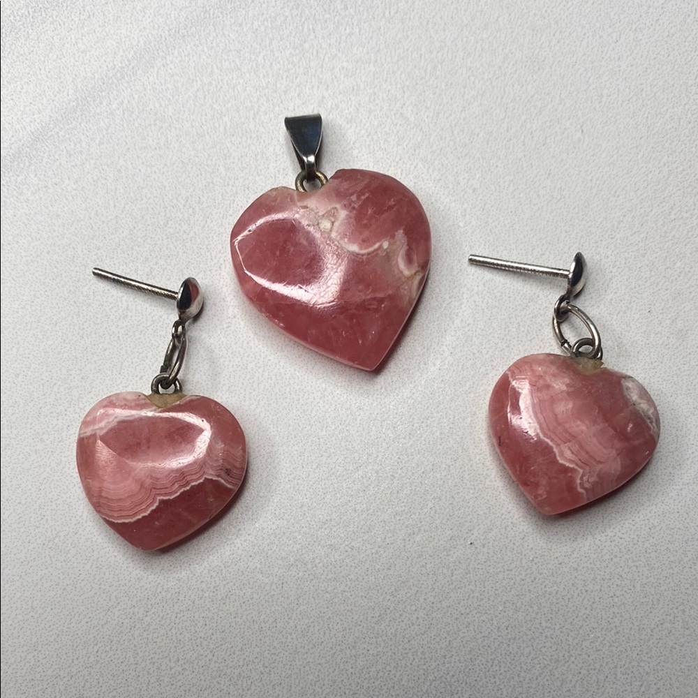 Pink Rhodochrosite Heart Jewelry Set With Pendant & Stud Earrings 925